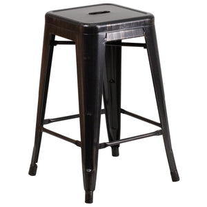 Kai Commercial Grade 24" High Backless Black-Antique Gold Metal Indoor-Outdoor Counter Height Stool with Square Seat