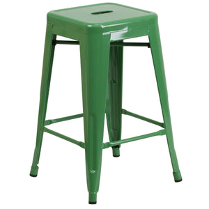 Kai Commercial Grade 24" High Backless Green Metal Indoor-Outdoor Counter Height Stool with Square Seat