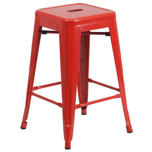 Kai Commercial Grade 24" High Backless Red Metal Indoor-Outdoor Counter Height Stool with Square Seat