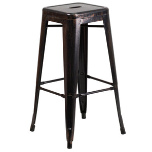 Kai Commercial Grade 30" High Backless Black-Antique Gold Metal Indoor-Outdoor Barstool with Square Seat