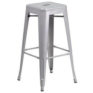 Kai Commercial Grade 30" High Backless Silver Metal Indoor-Outdoor Barstool with Square Seat