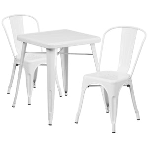 Owen Commercial Grade 23.75" Square White Metal Indoor-Outdoor Table Set with 2 Stack Chairs