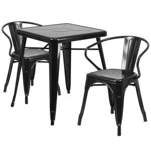 Owen Commercial Grade 23.75" Square Black Metal Indoor-Outdoor Table Set with 2 Arm Chairs