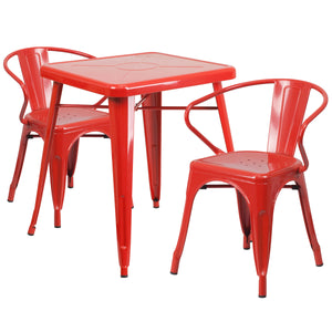 Owen Commercial Grade 23.75" Square Red Metal Indoor-Outdoor Table Set with 2 Arm Chairs