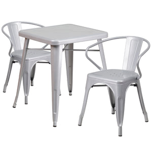 Owen Commercial Grade 23.75" Square Silver Metal Indoor-Outdoor Table Set with 2 Arm Chairs