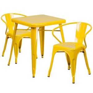 Owen Commercial Grade 23.75" Square Yellow Metal Indoor-Outdoor Table Set with 2 Arm Chairs