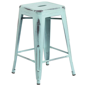 Kai Commercial Grade 24" High Backless Distressed Green-Blue Metal Indoor-Outdoor Counter Height Stool