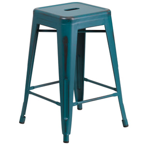 Kai Commercial Grade 24" High Backless Distressed Kelly Blue-Teal Metal Indoor-Outdoor Counter Height Stool