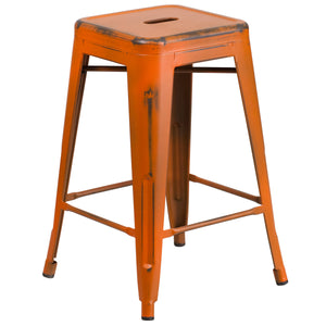 Kai Commercial Grade 24" High Backless Distressed Orange Metal Indoor-Outdoor Counter Height Stool