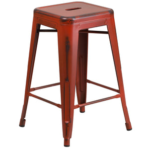 Kai Commercial Grade 24" High Backless Distressed Kelly Red Metal Indoor-Outdoor Counter Height Stool