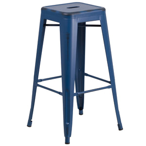 Kai Commercial Grade 30" High Backless Distressed Antique Blue Metal Indoor-Outdoor Barstool